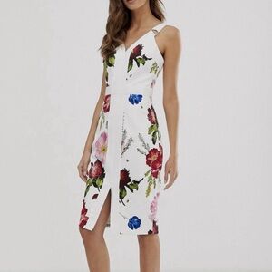Ted Baker White Midi Dress with Floral Design EUC Size 4, Small